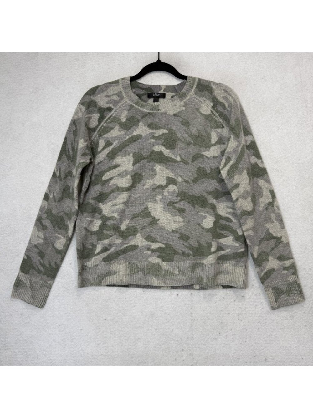 Aqua Cashmere Sweater Womens Small Green Camo Crewneck 100% Cashmere Knit